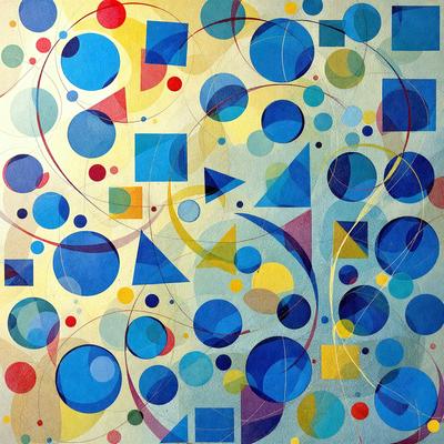 The primary subject of the image is a colorful, abstract painting featuring a variety of shapes and colors. The setting is a canvas, and the visual style is a mix of digital art and illustration. The dominant colors in the painting are blue, yellow, and red, creating a vibrant and lively atmosphere. The painting is filled with circles, squares, and other geometric shapes, making it a visually engaging and dynamic piece of art.